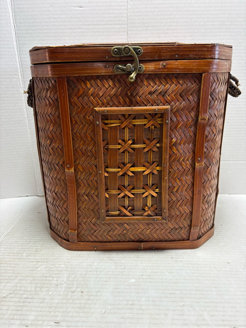 Handwoven Bamboo Storage Basket in Brown with Decorative Panel